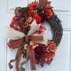 Handmade Autumn Harvest Grapevine Wreath with Fall Florals. 17” round.